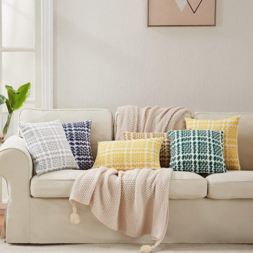 2 db Párnahuzat készlet művászonból Boho-deco stílusban, párnahuzat rejtett cipzárral, dekorpárnákhoz és kanapépárnákhoz. 50 x 50 cm, türkiz kockás