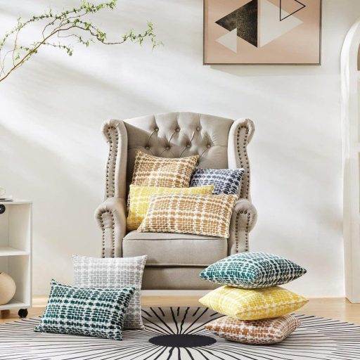 2 db Párnahuzat készlet művászonból Boho-deco stílusban, párnahuzat rejtett cipzárral, dekorpárnákhoz és kanapépárnákhoz. 50 x 50 cm, türkiz kockás