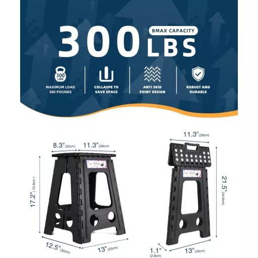 HOUSE DAY Taburet Pliabil - Scaunel Negru din Plastic cu Capacitate de Încărcare de 136 kg, Portabil, cu Bază Antiderapantă, Design Compact