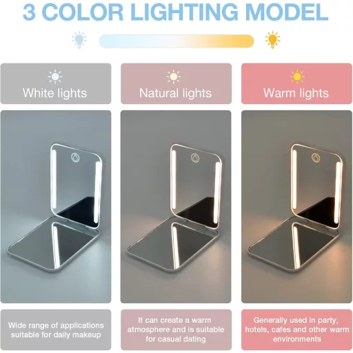Kintion LED utazó sminkespegel, 3 színhőmérséklet, szabályozható, fehér