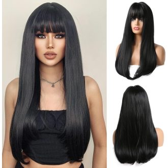   Esmee Dlhá Rovná Čierna Parochňa pre Ženy - 66 cm Vrstvené Umelé Vlasy s Ofinou, Žiaruvzdorné Syntetické Vlákna, Nastaviteľná Veľkosť Hlavy, Cosplay a na Bežné Nosenie