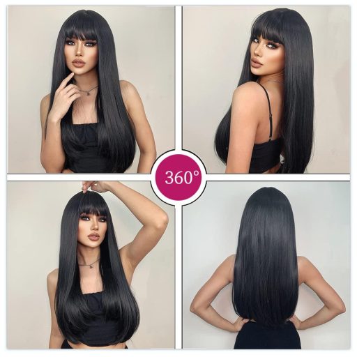 Esmee Dlhá Rovná Čierna Parochňa pre Ženy - 66 cm Vrstvené Umelé Vlasy s Ofinou, Žiaruvzdorné Syntetické Vlákna, Nastaviteľná Veľkosť Hlavy, Cosplay a na Bežné Nosenie