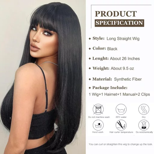 Esmée Perucă Lungă, Dreaptă, Neagră pentru Femei - 66 cm Păr Sintetic Stratificat cu Breton, Fibre Sintetice Rezistente la Căldură, Mărime Ajustabilă, Cosplay și Utilizare Zilnică