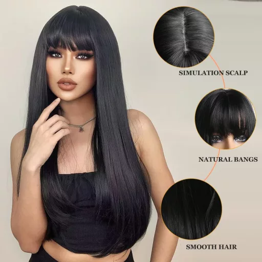 Esmée Perucă Lungă, Dreaptă, Neagră pentru Femei - 66 cm Păr Sintetic Stratificat cu Breton, Fibre Sintetice Rezistente la Căldură, Mărime Ajustabilă, Cosplay și Utilizare Zilnică