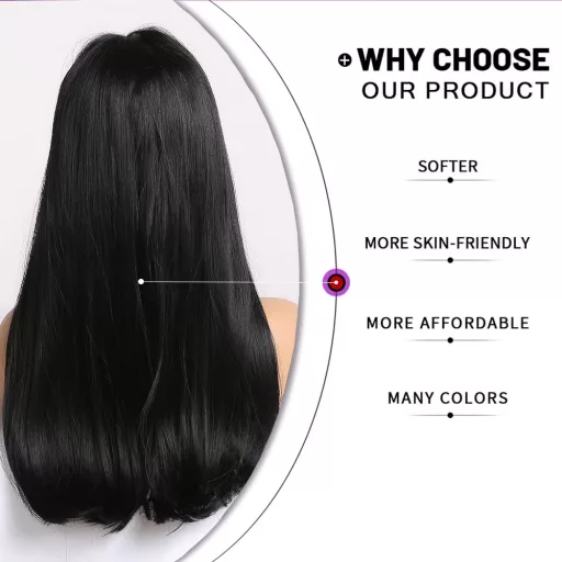 Esmée Perucă Lungă, Dreaptă, Neagră pentru Femei - 66 cm Păr Sintetic Stratificat cu Breton, Fibre Sintetice Rezistente la Căldură, Mărime Ajustabilă, Cosplay și Utilizare Zilnică