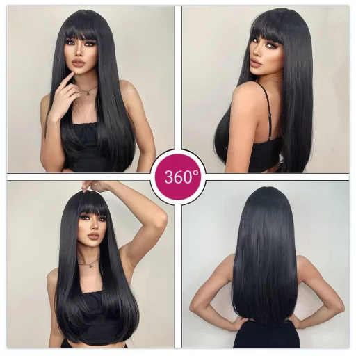 Esmée Perucă Lungă, Dreaptă, Neagră pentru Femei - 66 cm Păr Sintetic Stratificat cu Breton, Fibre Sintetice Rezistente la Căldură, Mărime Ajustabilă, Cosplay și Utilizare Zilnică