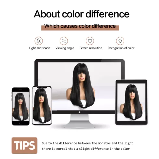 Esmée Perucă Lungă, Dreaptă, Neagră pentru Femei - 66 cm Păr Sintetic Stratificat cu Breton, Fibre Sintetice Rezistente la Căldură, Mărime Ajustabilă, Cosplay și Utilizare Zilnică