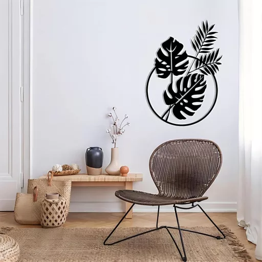 Nástenná dekorácia Dexlyn Monstera Deliciosa, čierna minimalistická kovová dekorácia na stenu, obývačka, spálňa, kaviareň, 30x43 cm