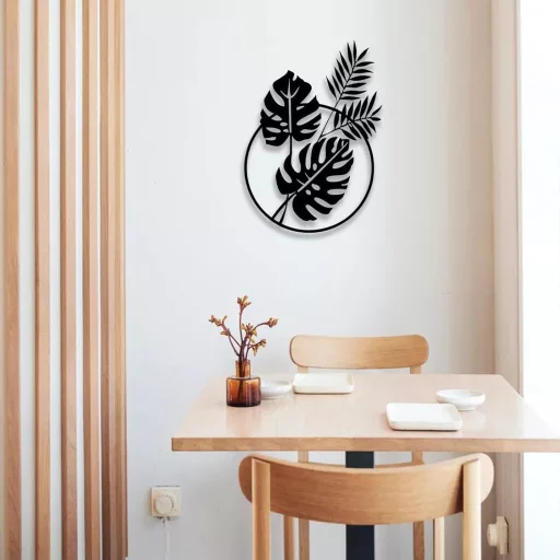 Nástenná dekorácia Dexlyn Monstera Deliciosa, čierna minimalistická kovová dekorácia na stenu, obývačka, spálňa, kaviareň, 30x43 cm