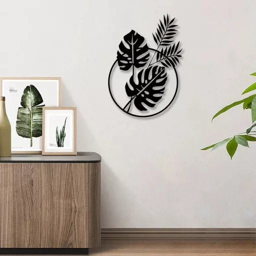 Nástenná dekorácia Dexlyn Monstera Deliciosa, čierna minimalistická kovová dekorácia na stenu, obývačka, spálňa, kaviareň, 30x43 cm