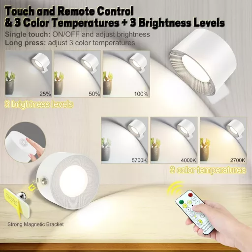 BELLALICHT LED Fali Lámpa - Vezeték Nélküli, Elemes, Érintésvezérelt, Távirányítós, 360° Forgatható Mágneses Tartó, 3 Színmód, 3 Fényerőszin