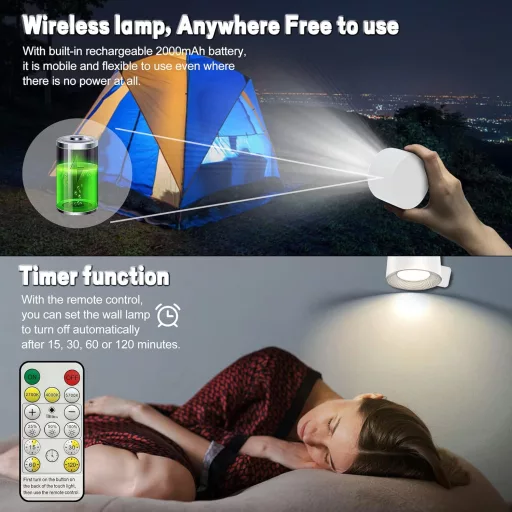 BELLALICHT LED Fali Lámpa - Vezeték Nélküli, Elemes, Érintésvezérelt, Távirányítós, 360° Forgatható Mágneses Tartó, 3 Színmód, 3 Fényerőszin