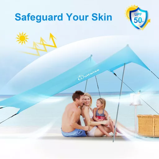 WolfWise Strandpavilon UPF50+ Napvédő Sátor 3x3m - Kék, Vízálló, Szélálló Strandsátor 4-8 Személyre, Homokrögzítővel, Egyszerű Összeszerelés