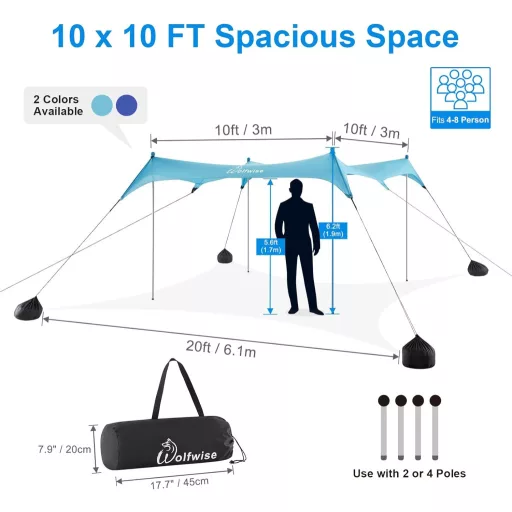 WolfWise Strandpavilon UPF50+ Napvédő Sátor 3x3m - Kék, Vízálló, Szélálló Strandsátor 4-8 Személyre, Homokrögzítővel, Egyszerű Összeszerelés