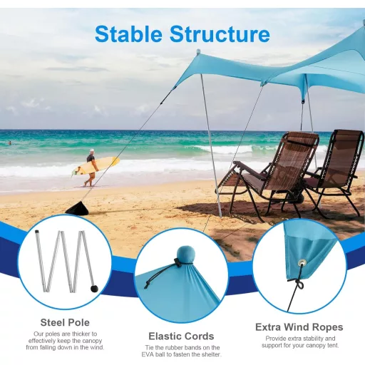 WolfWise paviljon za plažu UPF50+ šator za zaštitu od sunca 3x3m - plavi, vodootporni šator za plažu otporan na vjetar za 4-8 osoba, s učvršćivačima za pijesak, jednostavno sastavljanje