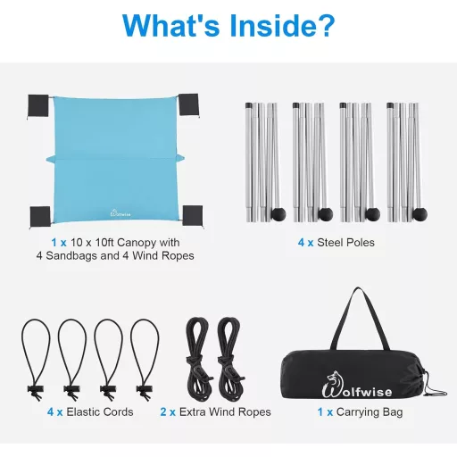 WolfWise paviljon za plažu UPF50+ šator za zaštitu od sunca 3x3m - plavi, vodootporni šator za plažu otporan na vjetar za 4-8 osoba, s učvršćivačima za pijesak, jednostavno sastavljanje