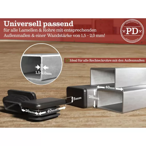 PD Čep pravokutni 40x20 mm - Crni PE plastični završni poklopac za metalne i aluminijske cijevi, zaštita nogu namještaja za stolice, stolove, 20 kom