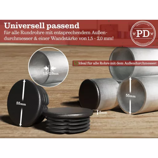 PD Dop rotund pentru capăt țeavă 55 mm - Dop de închidere lamelar din plastic PE negru pentru țevi de oțel, inox și aluminiu - 4 buc. Protecție ușor de îndepărtat pentru mobilă