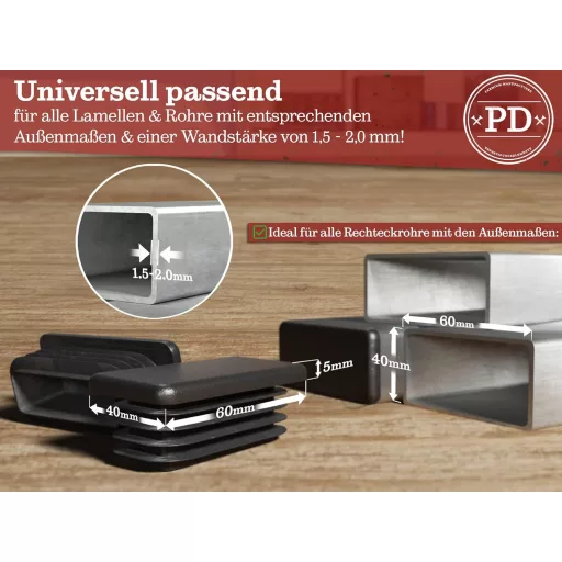 PD Čep za četvrtaste cijevi 60x40 mm - Crni PE plastični lamelni čep za metalne i aluminijske profile, stolove, stolice - 4 kom