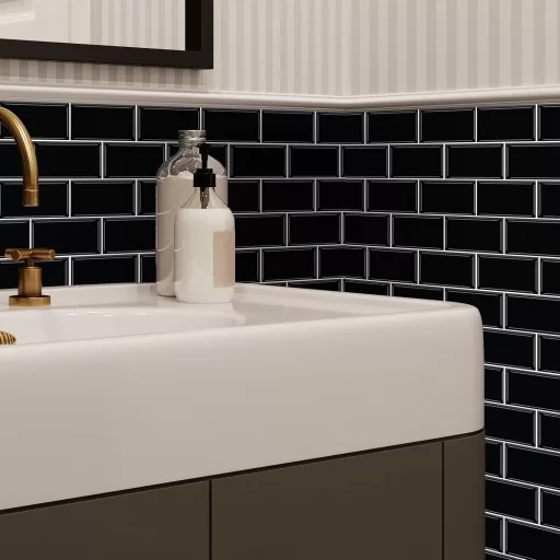 WALPLUS 3D Csempe Matrica 30x15cm Fekete Mozaik Öntapadós Vízálló Fényes Csempematrica Konyha Fürdőszoba Metro Mintás