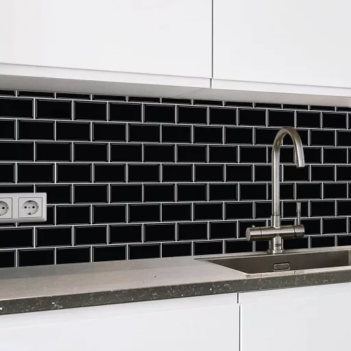 WALPLUS 3D Csempe Matrica 30x15cm Fekete Mozaik Öntapadós Vízálló Fényes Csempematrica Konyha Fürdőszoba Metro Mintás