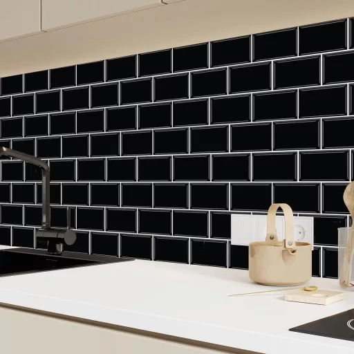 WALPLUS 3D Csempe Matrica 30x15cm Fekete Mozaik Öntapadós Vízálló Fényes Csempematrica Konyha Fürdőszoba Metro Mintás
