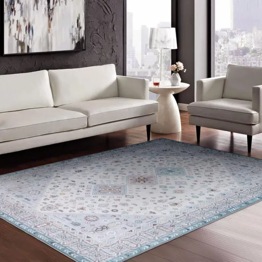 Covor Vintage Lavabil TALETA, Covor cu Fir Scurt pentru Living, Albastru, cu Motive Orientale, Potrivit și pentru Dormitor, 140 x 200 cm