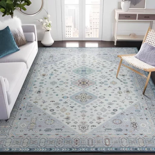 Covor Vintage Lavabil TALETA, Covor cu Fir Scurt pentru Living, Albastru, cu Motive Orientale, Potrivit și pentru Dormitor, 140 x 200 cm