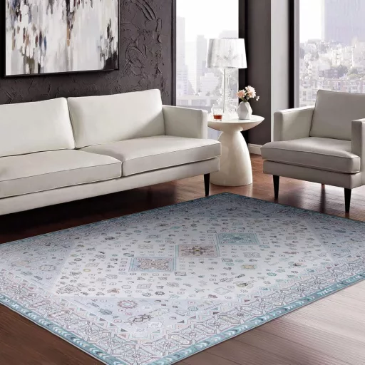 Covor Vintage Lavabil TALETA, Covor cu Fir Scurt pentru Living, Albastru, cu Motive Orientale, Potrivit și pentru Dormitor, 140 x 200 cm