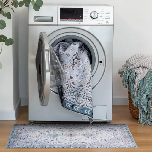 Covor Vintage Lavabil TALETA, Covor cu Fir Scurt pentru Living, Albastru, cu Motive Orientale, Potrivit și pentru Dormitor, 140 x 200 cm