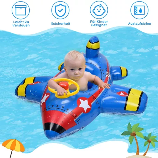 Herefun Detské plávacie koleso s 2 vodnými pištoľami - Plávajúce sedadlo v tvare lietadla pre batoľatá od 1 do 6 rokov, nosnosť 18 kg, modré.