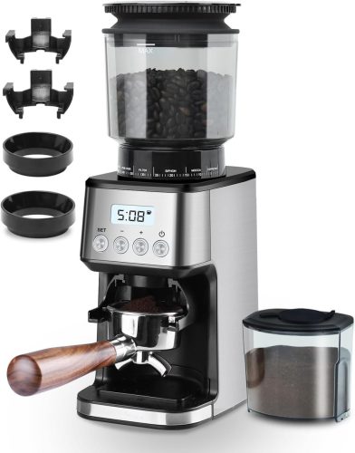 Homtone Elektromos Kávédaráló 51 Őrlési Fokozattal - Portafilterhez és Tárolóhoz, Rozsdamentes Acél, Csepegtetős/Pour Over/Cold Brew/French 