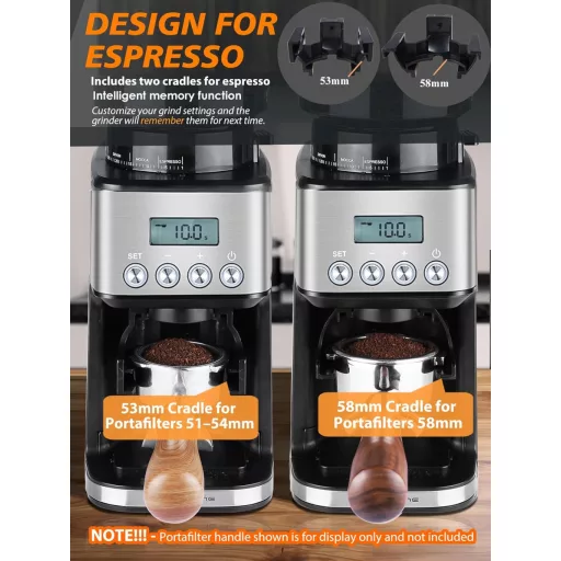 Homtone Elektromos Kávédaráló 51 Őrlési Fokozattal - Portafilterhez és Tárolóhoz, Rozsdamentes Acél, Csepegtetős/Pour Over/Cold Brew/French