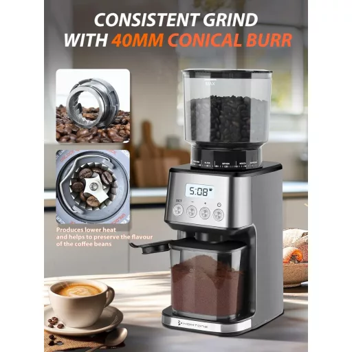 Homtone Elektromos Kávédaráló 51 Őrlési Fokozattal - Portafilterhez és Tárolóhoz, Rozsdamentes Acél, Csepegtetős/Pour Over/Cold Brew/French