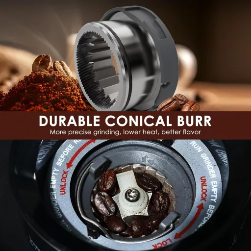 Râșniță electrică de cafea Homtone cu 51 de setări de măcinare - pentru portafiltru și recipient de stocare, oțel inoxidabil, pentru cafea la filtru/Pour Over/Cold Brew/French Press