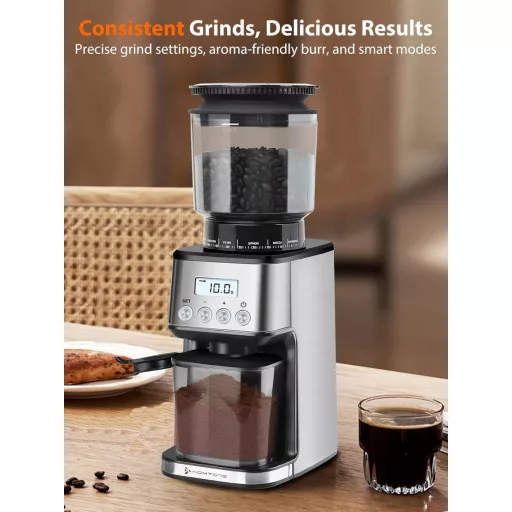 Râșniță electrică de cafea Homtone cu 51 de setări de măcinare - pentru portafiltru și recipient de stocare, oțel inoxidabil, pentru cafea la filtru/Pour Over/Cold Brew/French Press