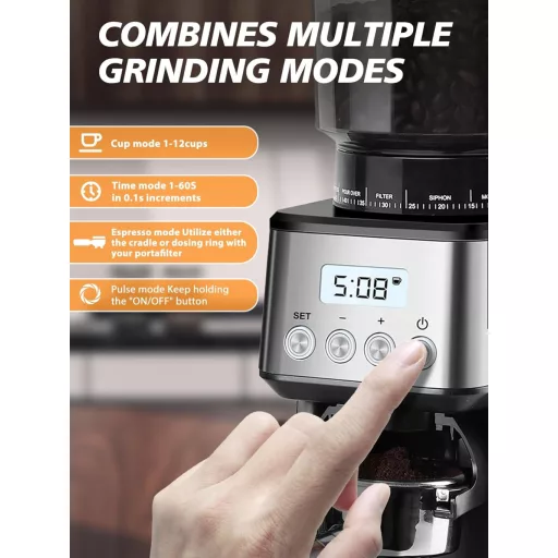 Homtone Elektromos Kávédaráló 51 Őrlési Fokozattal - Portafilterhez és Tárolóhoz, Rozsdamentes Acél, Csepegtetős/Pour Over/Cold Brew/French