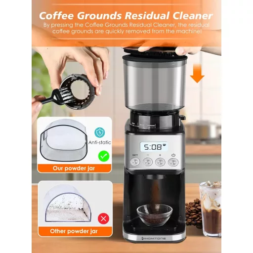 Homtone Elektromos Kávédaráló 51 Őrlési Fokozattal - Portafilterhez és Tárolóhoz, Rozsdamentes Acél, Csepegtetős/Pour Over/Cold Brew/French