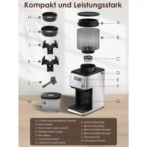 Râșniță electrică de cafea Homtone cu 51 de setări de măcinare - pentru portafiltru și recipient de stocare, oțel inoxidabil, pentru cafea la filtru/Pour Over/Cold Brew/French Press