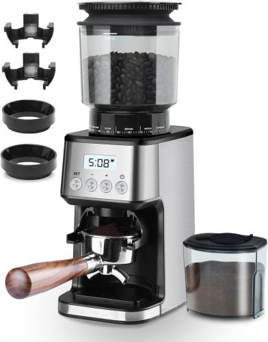 Homtone Elektromos Kávédaráló 51 Őrlési Fokozattal - Portafilterhez és Tárolóhoz, Rozsdamentes Acél, Csepegtetős/Pour Over/Cold Brew/French 