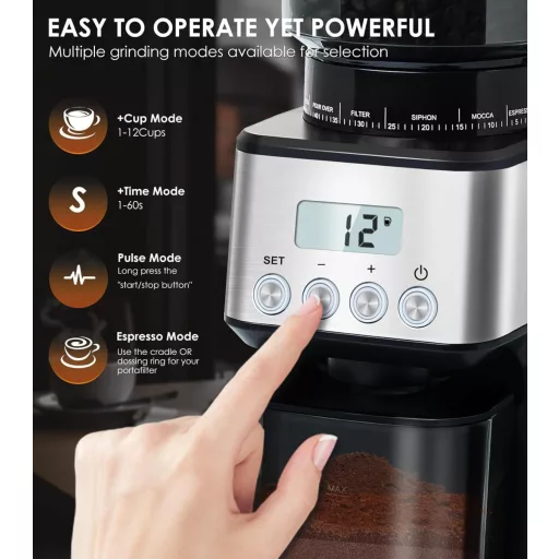 Homtone Elektromos Kávédaráló 51 Őrlési Fokozattal - Portafilterhez és Tárolóhoz, Rozsdamentes Acél, Csepegtetős/Pour Over/Cold Brew/French