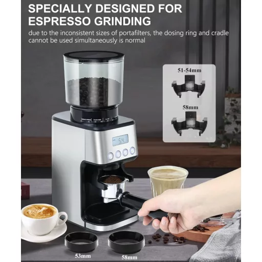 Homtone Elektromos Kávédaráló 51 Őrlési Fokozattal - Portafilterhez és Tárolóhoz, Rozsdamentes Acél, Csepegtetős/Pour Over/Cold Brew/French