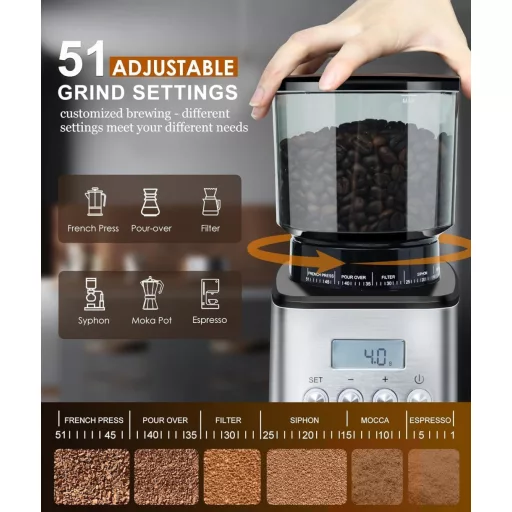 Elektrický mlynček na kávu Homtone s 51 stupňami hrubosti mletia – pre portafilter a so zásobníkom, nehrdzavejúca oceľ, pre prekvapkávanú/Pour Over/Cold Brew/French press