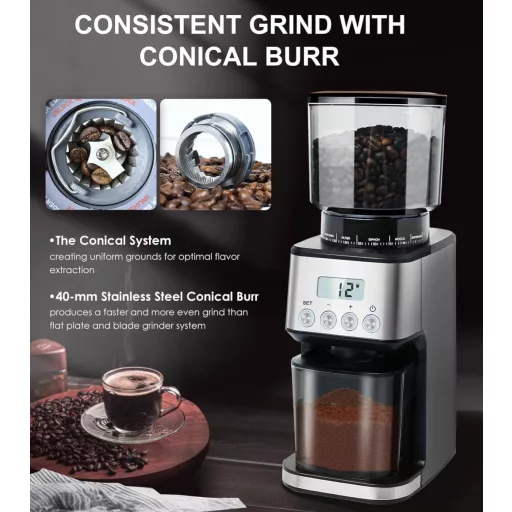 Elektrický mlynček na kávu Homtone s 51 stupňami hrubosti mletia – pre portafilter a so zásobníkom, nehrdzavejúca oceľ, pre prekvapkávanú/Pour Over/Cold Brew/French press
