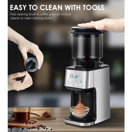 Homtone Elektromos Kávédaráló 51 Őrlési Fokozattal - Portafilterhez és Tárolóhoz, Rozsdamentes Acél, Csepegtetős/Pour Over/Cold Brew/French