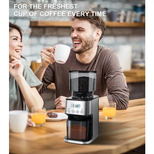 Elektrický mlynček na kávu Homtone s 51 stupňami hrubosti mletia – pre portafilter a so zásobníkom, nehrdzavejúca oceľ, pre prekvapkávanú/Pour Over/Cold Brew/French press