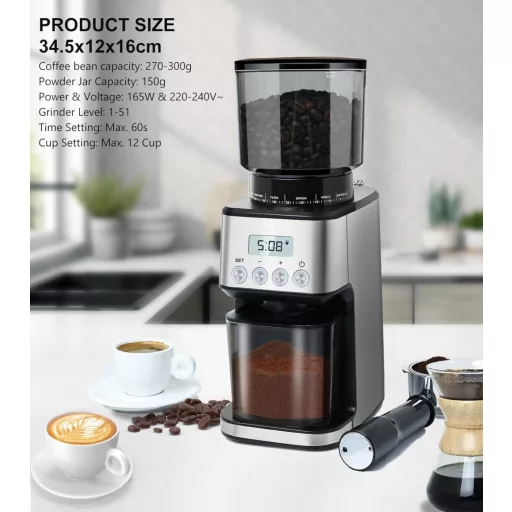 Homtone Elektromos Kávédaráló 51 Őrlési Fokozattal - Portafilterhez és Tárolóhoz, Rozsdamentes Acél, Csepegtetős/Pour Over/Cold Brew/French