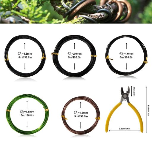 Sârmă pentru Bonsai Heveer, 5 Role, 25m, Sârmă de Aluminiu pentru Legat Plante, cu Clește de Tăiat