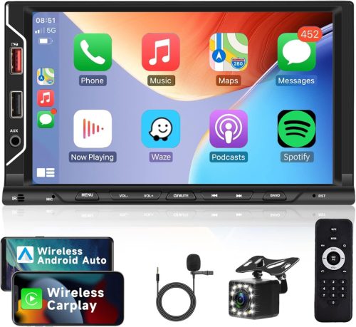 Radio auto 2 DIN cu Apple CarPlay wireless, ecran tactil de 7", mirroring Android, hands-free Bluetooth, FM, USB, cameră de marșarier