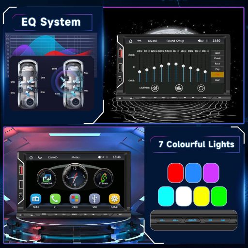 Radio auto 2 DIN cu Apple CarPlay wireless, ecran tactil de 7", mirroring Android, hands-free Bluetooth, FM, USB, cameră de marșarier